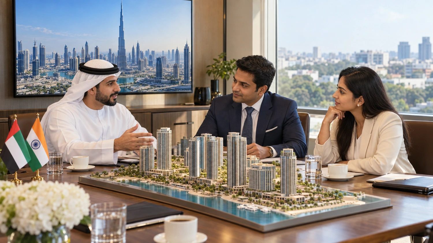 Illustrative property discussion with UAE and Indian flags and a residential scale model on the table
