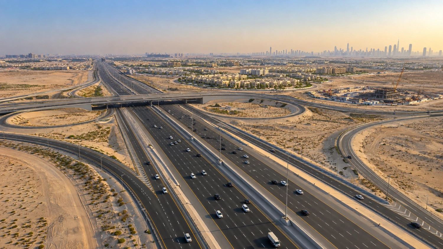 Illustrative aerial view of a Dubai highway interchange, residential communities and the distant skyline