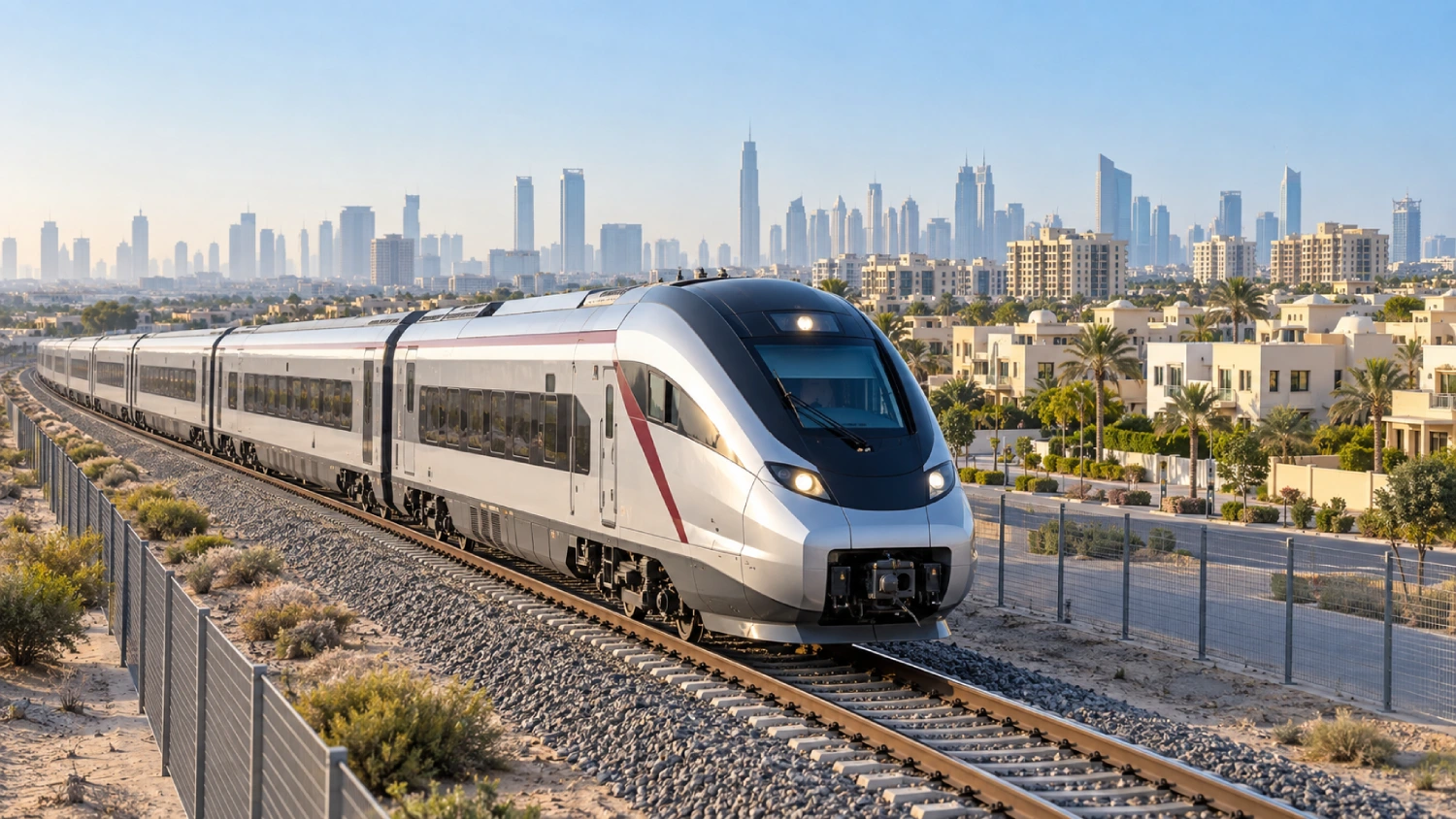 Illustrative passenger train beside residential communities with the Dubai skyline in the background