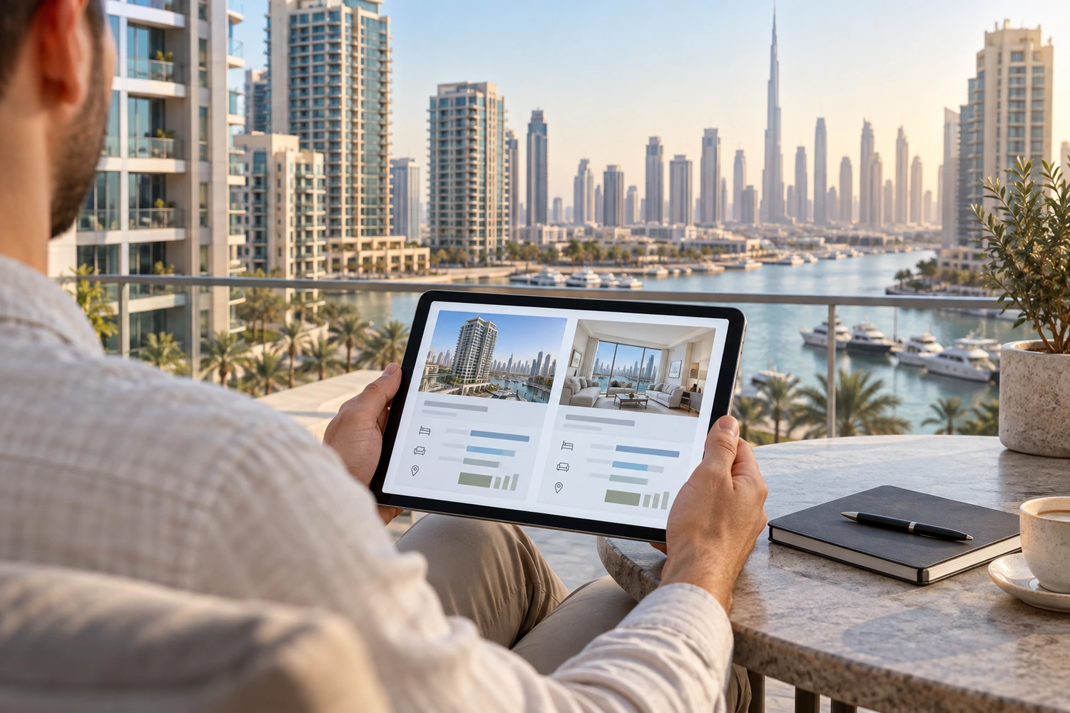 AI-generated illustration of a buyer comparing apartment information on a tablet overlooking a Dubai-inspired waterfront skyline