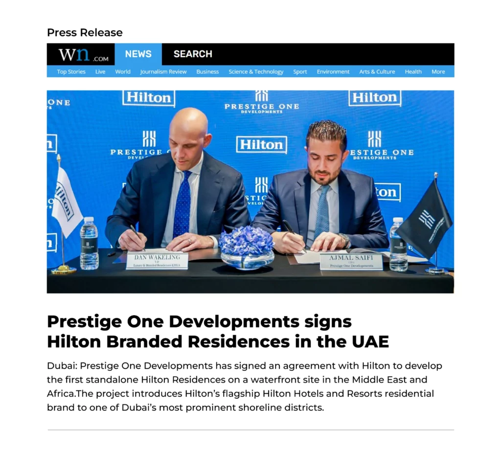 Prestige One Developments signs Hilton Branded Residences in the UAE